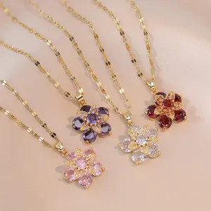 Flower Necklace for Women Gold Dainty Necklace Rotatable Crystal Blossom Pendant Necklaces Adjustable Spinning Necklaces Lucky Five petal Flower Flower Choker Funny Summer Jewelry