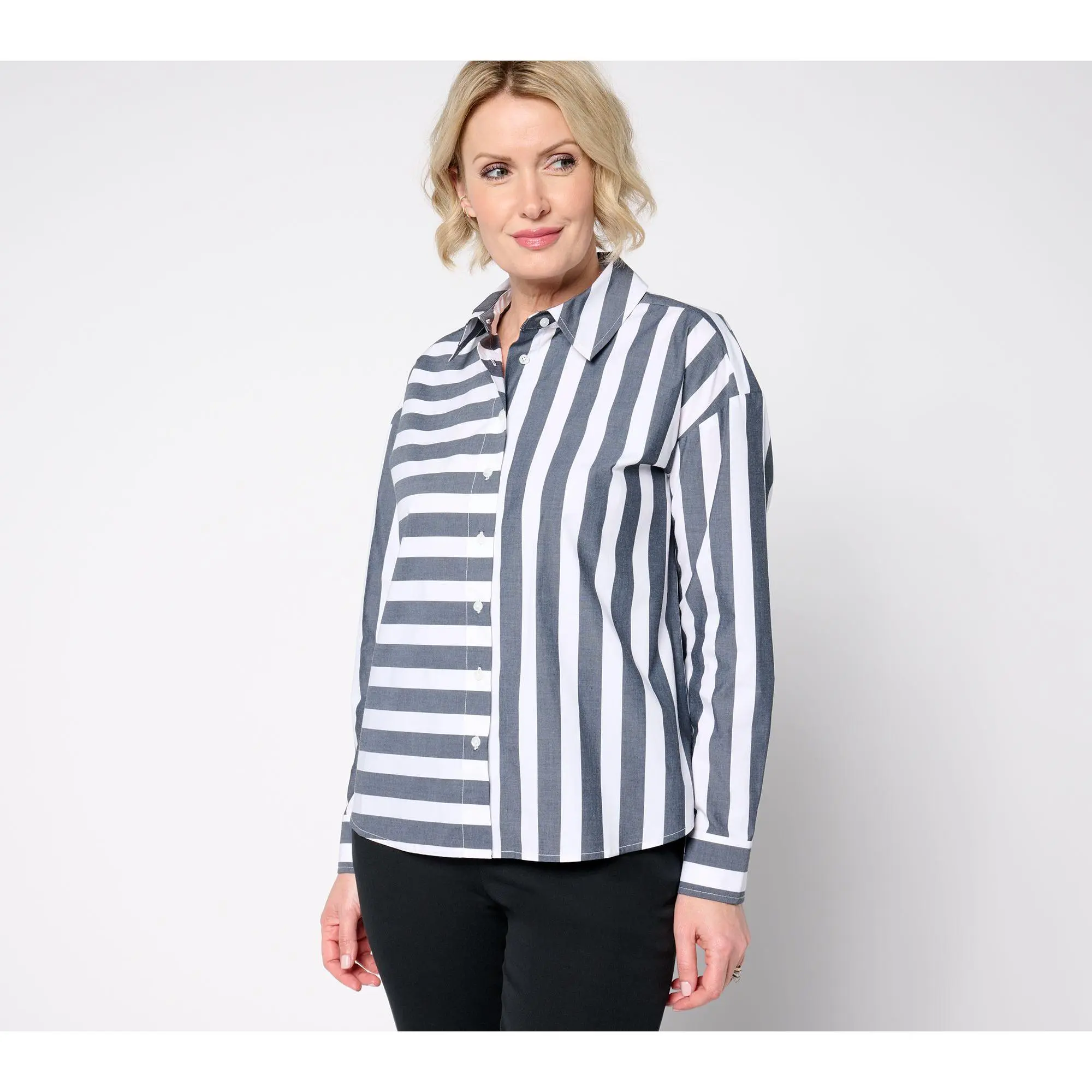 Attitudes by Renee Poplin Button Front Shirt with Mixed Stripe