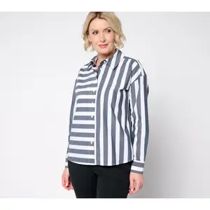 Attitudes by Renee Poplin Button Front Shirt with Mixed Stripe