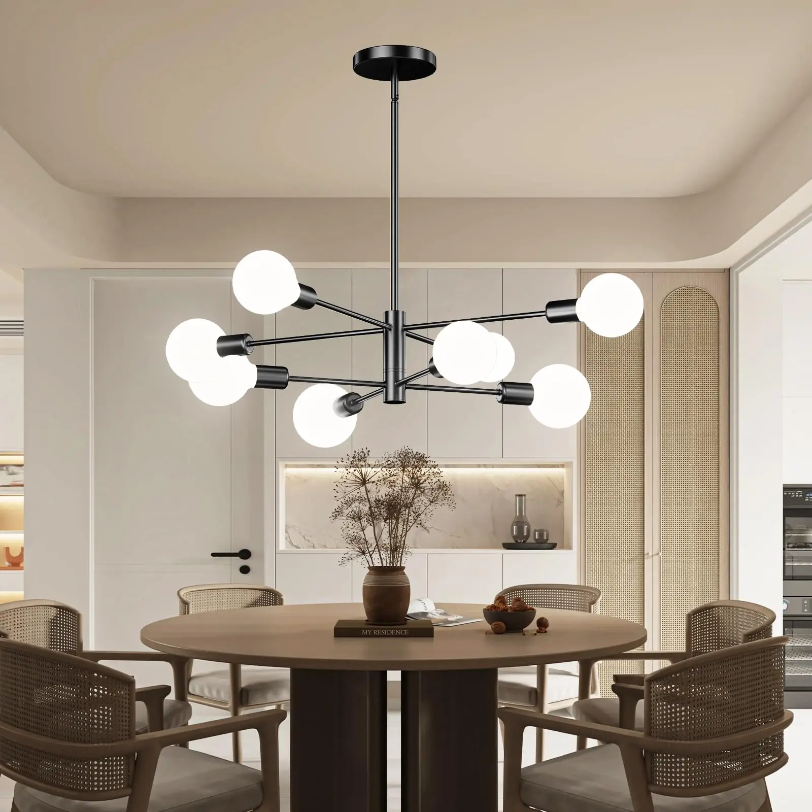 SERBASIC Iron Contemporary Mid-Century Industrial 6-Light Branch Chandelier - Dimmable Warm White LED Ceiling Light, AC Power, E27 Base, Height-Adjustable Indoor Pendant Lamp for Living Room, Kitchen Island, Black Light Ceiling Lighting
