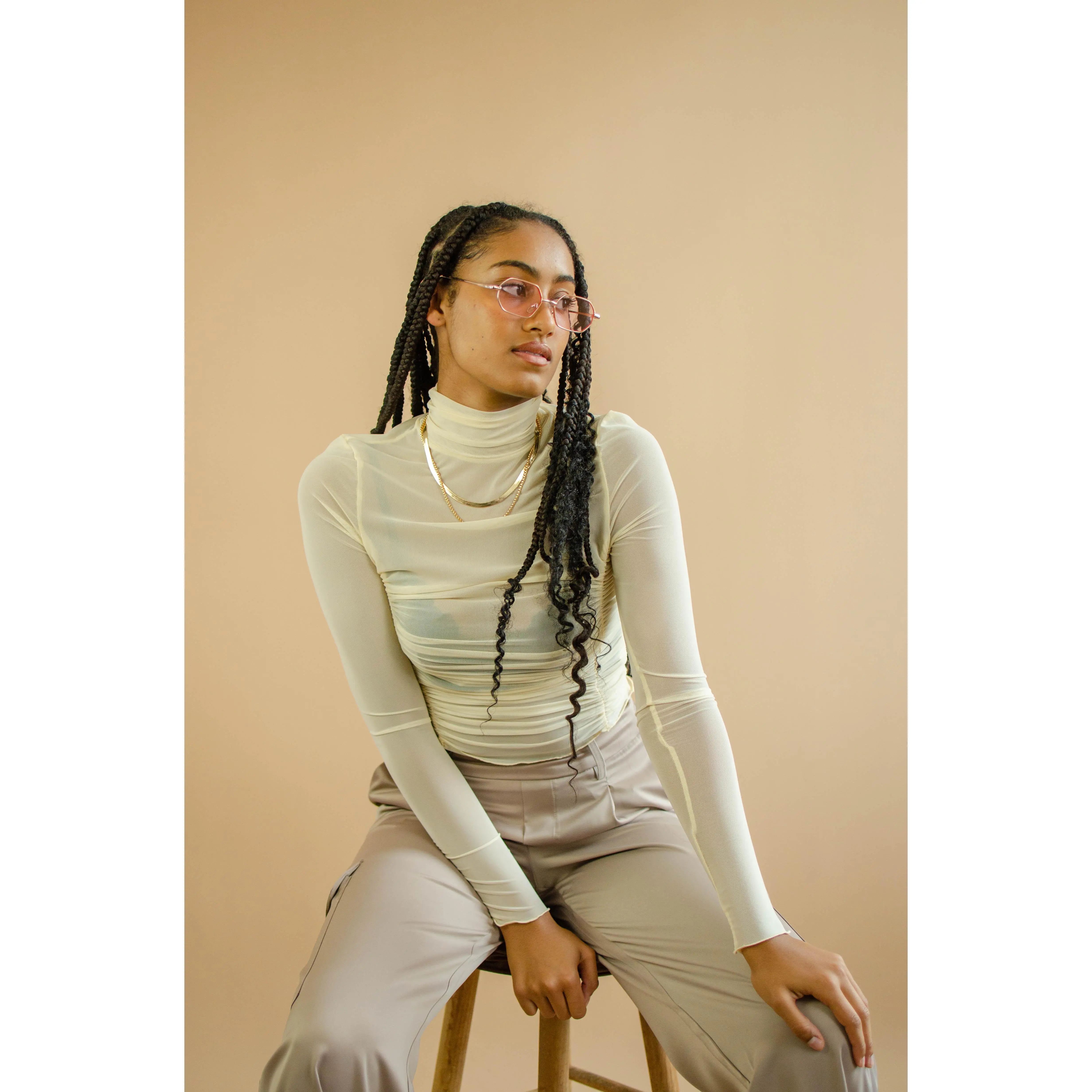 Alicia Shirred Turtleneck Cream