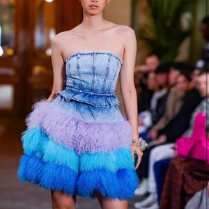 Womens Denim and Mongolian Fur Layered Tube Top Dress - Summer Womenswear Outfit Style Lady Casual Comfortable Underwear Casual Wear