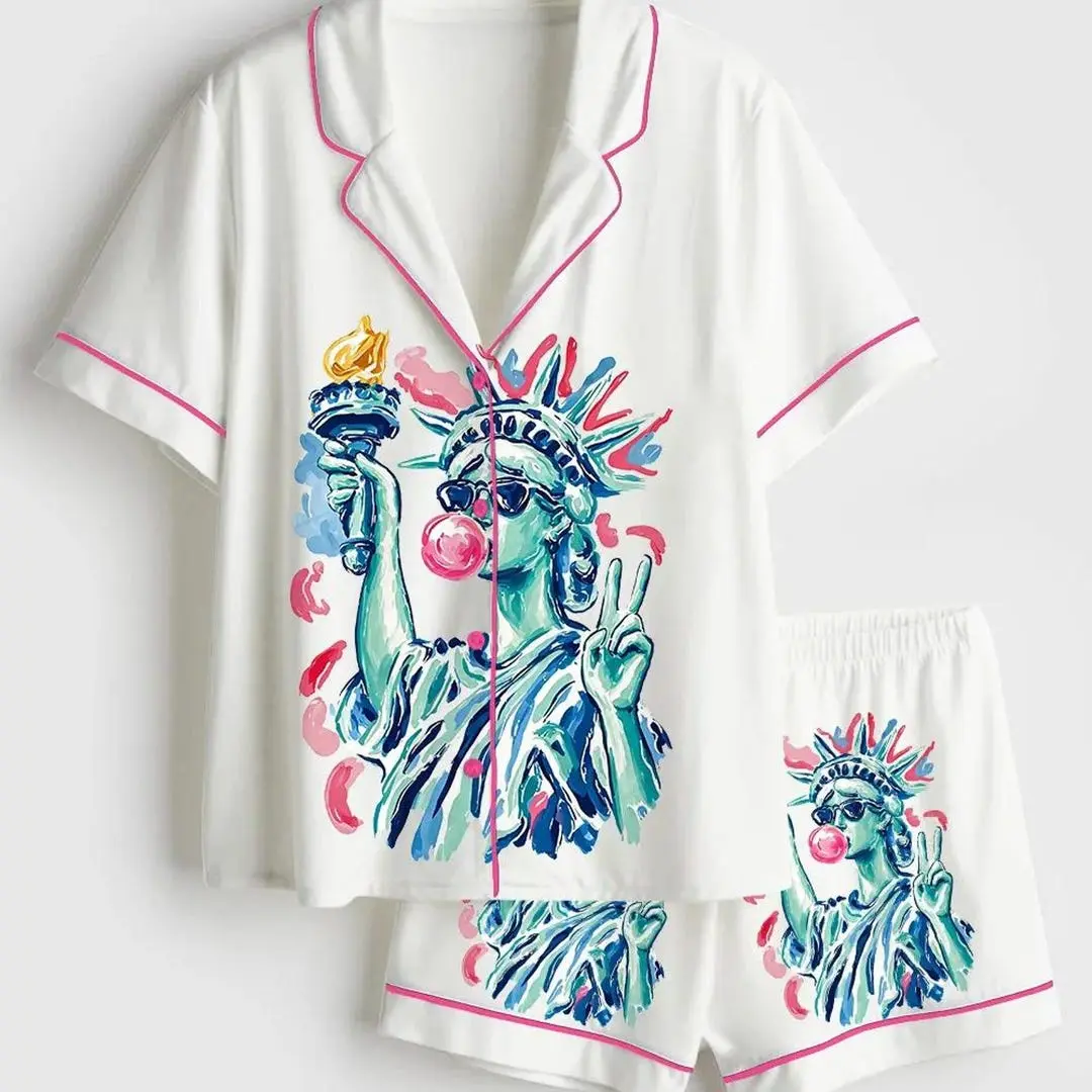 Statue Of Liberty Pajama Set Women, USA Pajamas Women, Patriotic Pajamas Women, New York Pajama Set Women, Summer Pjs, Gift For Her