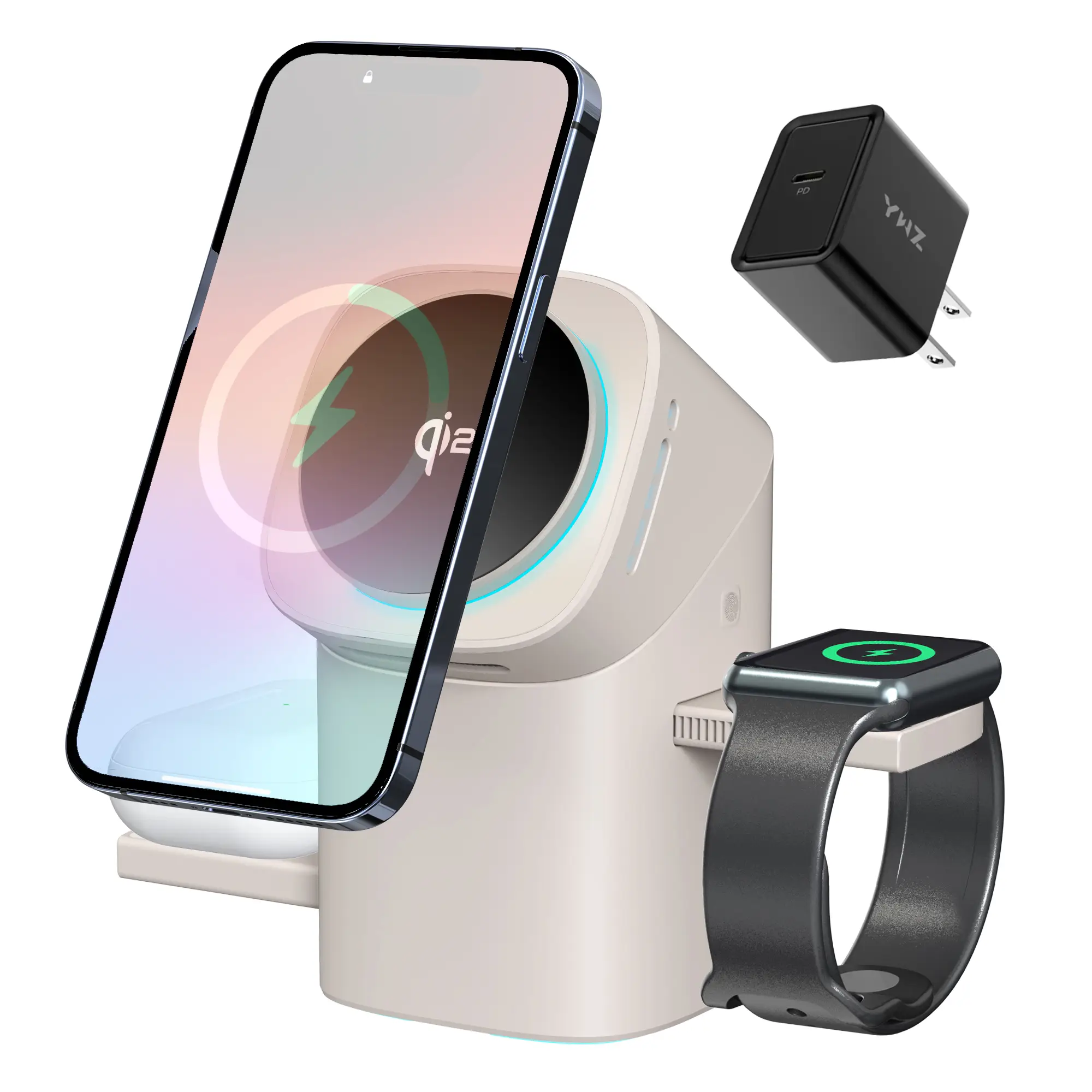 YWZ Three in One Wireless Charger Fast Charging Qi2 Certified for iPhone iWatch AirPods Magnetic One-Click System Automatic Rotation Easy Carry
