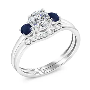 Gem Stone King 10K White Gold Lab Grown Diamond and Blue Sapphire Bridal-Sets Ring For Women | 0.86 Cttw | Round 5MM | Gemstone April Birthstone