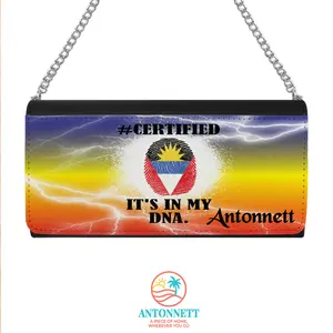 Antonnett “Certified: It’s In My DNA” Personalized PU Leather Shoulder‑Chain Purse – 7.8x4 in. Bi‑Fold Wallet, Detachable Silver Chain, Caribbean‑Inspired Everyday Bag with Custom Name in 12 Fonts