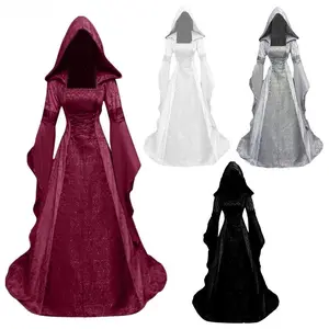 Women Deluxe Witch Dress Medieval Renaissance Maxi Train Dress Halloween Devil Pagan Witch Wedding Cos Costume Hooded Gown Robe