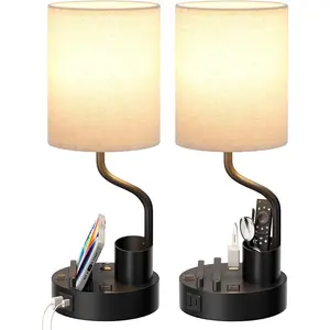 Bedside Table Lamps for Bedroom Set of 2 - Nightstand Light with AC Outlet USB A & C Charging 3 Color Temperatures Study Desk Lamp with Pen Holder & Phone Stand for Living Room Dorm Office