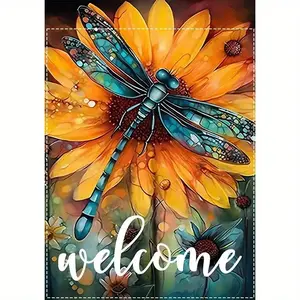 1pc Double Sided Sunflower Dragonfly Welcome Garden Flag 12x18 Inch, Polyester Burlap Rustic Design, Fade Resistant Outdoor Yard Decor for Spring Summer Fall Porch Patio, Ideal Housewarming Gift