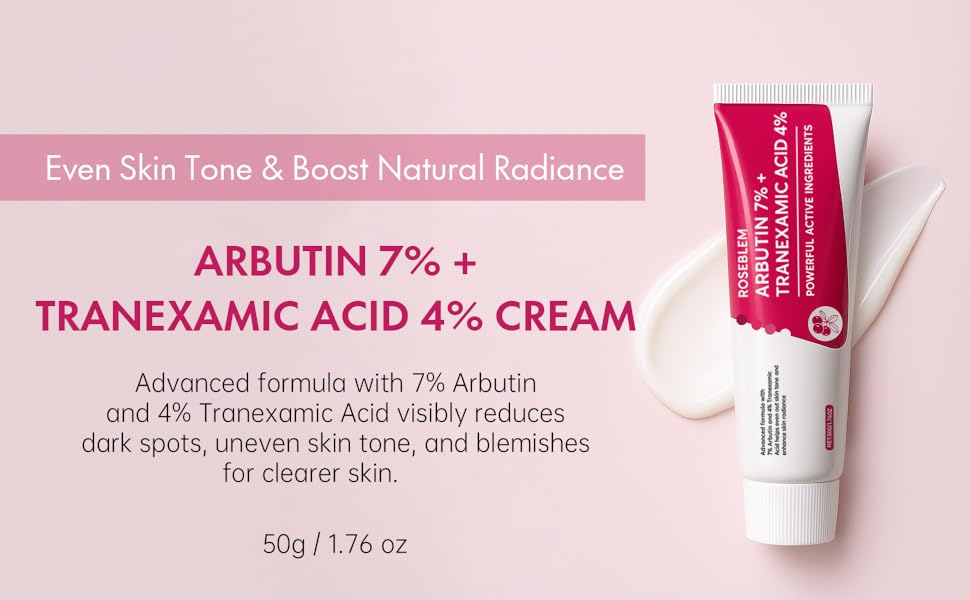 Roseblem 7% Arbutin +4% Tranexamic Acid Cream, 70,000ppm Arbutin and 40,000ppm TXA for Dark Spots Freckles Blemishes & Pigmentation 50ml  Glowing Face