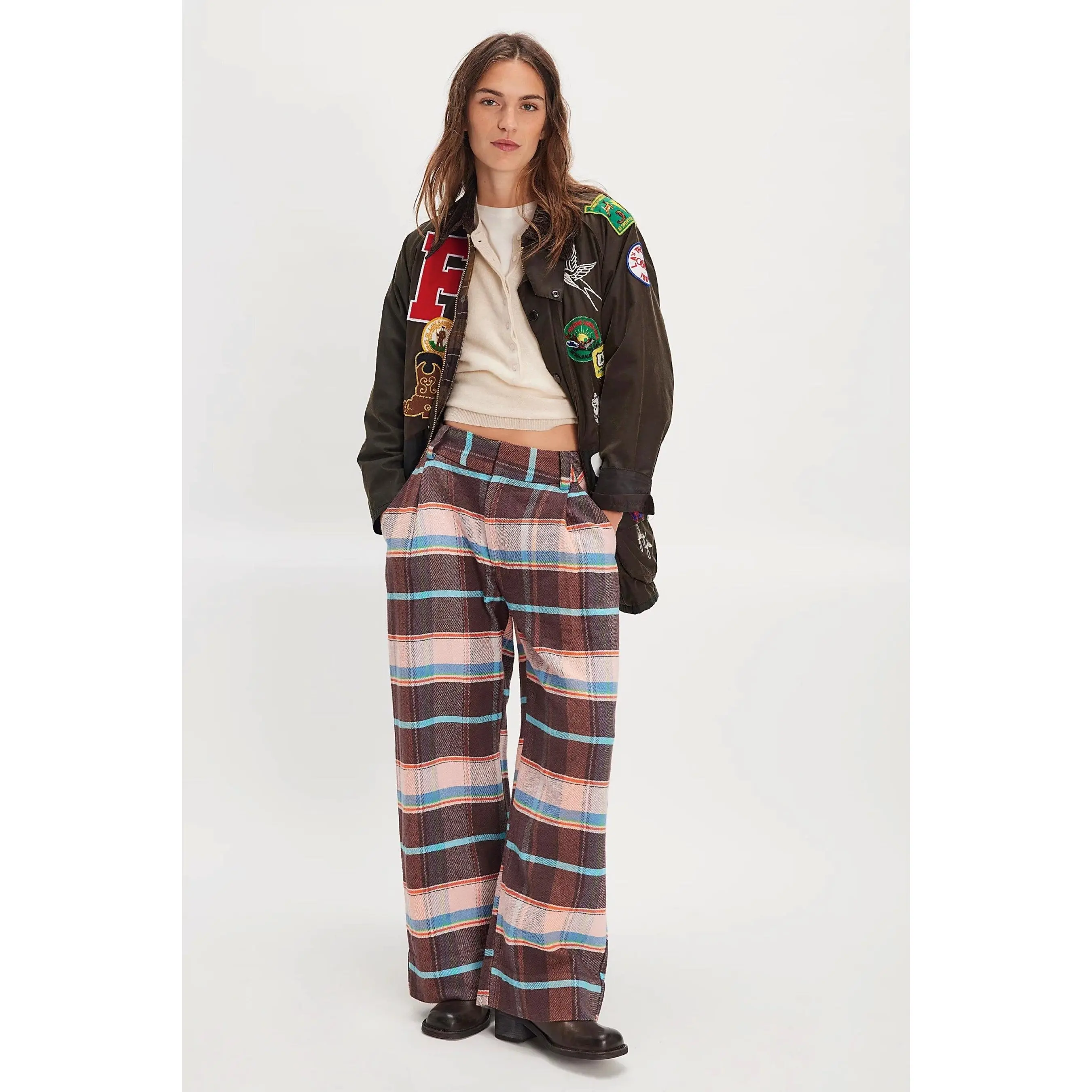 Brown Buckle Back Plaid Trouser
