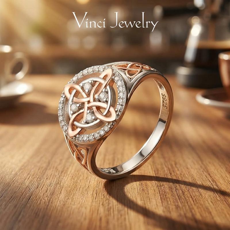 925 Sterling Silver Rose Gold Plated Celtic Knot Ring, Anillo Nudo de Bruja Plata 925 Original Witch Knot Jewelry, Cubic Zirconia Decorated S925 Witches Knot Ring, Witchtok Witch Jewerly Pagan Jewelry for Devotion for Protection