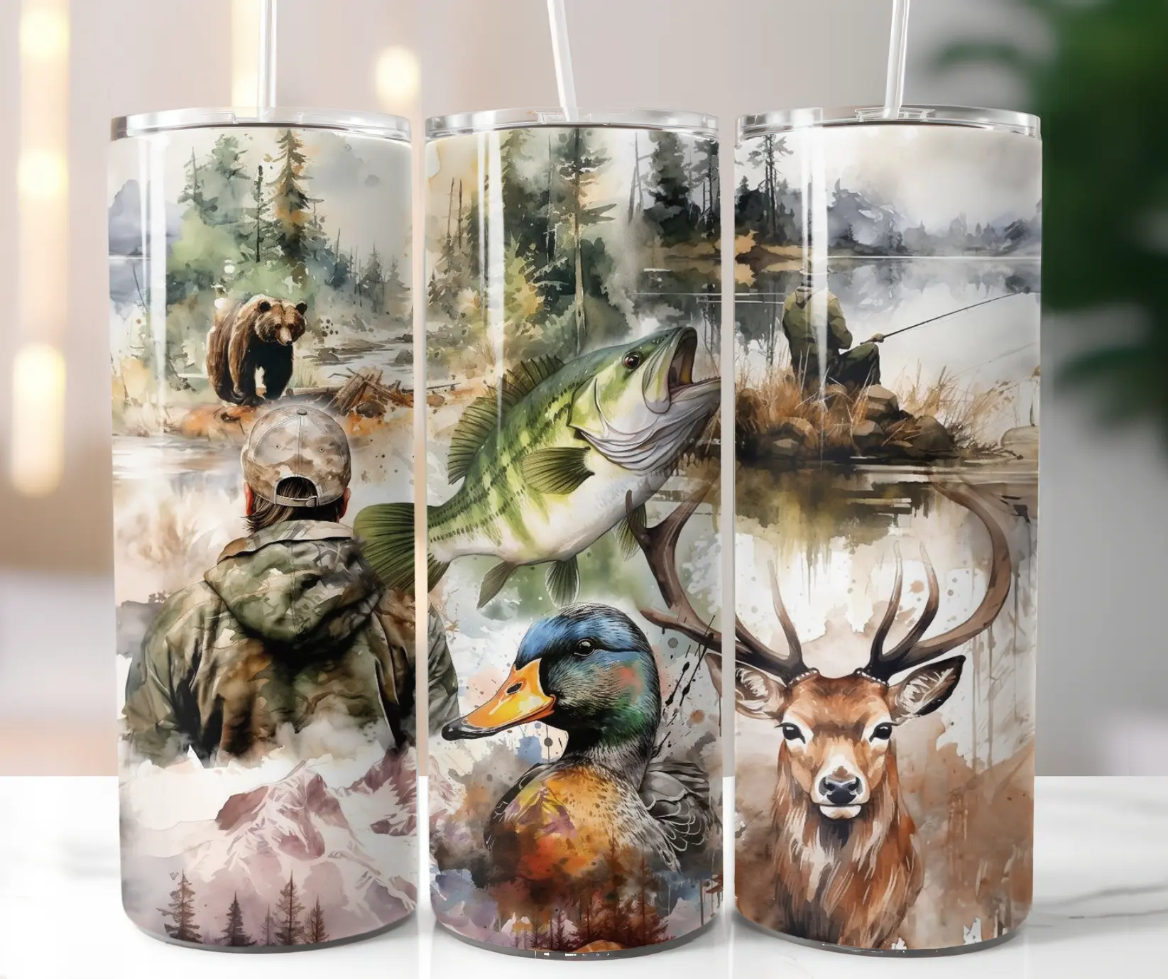 Hunting Fishing Outdoorsman Sublimation Tumbler Cup 20 oz, Stainless Steel, With Straw & Lid, Gift for Dad, Gift for Him