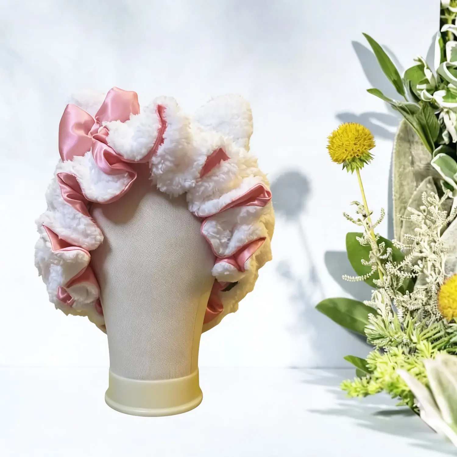 Cute Teddy Plush Silk Bonnet Luxury White Double Layer Adjustable Sleep Cap with Ears Stylish Comfortable Haircare Bonnet for Daily Wear Shower hair bonnet