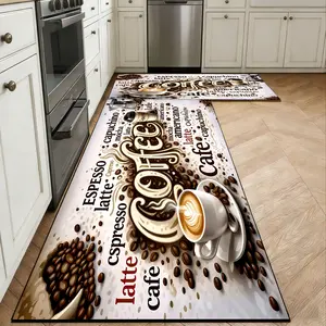 Coffee Theme Kitchen Rug, Non-Pile Textile Material, Minimalist Style, Durable & Comfortable, Ideal for Kitchen, Bathroom, Entryway