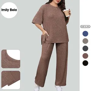 Imily Bela【1XL-5XL】Womens Plus Size Lounge Sets Short Sleeve Tops and Wide Leg Pants Airport Travel 2 Piece Outfits Tracksuit