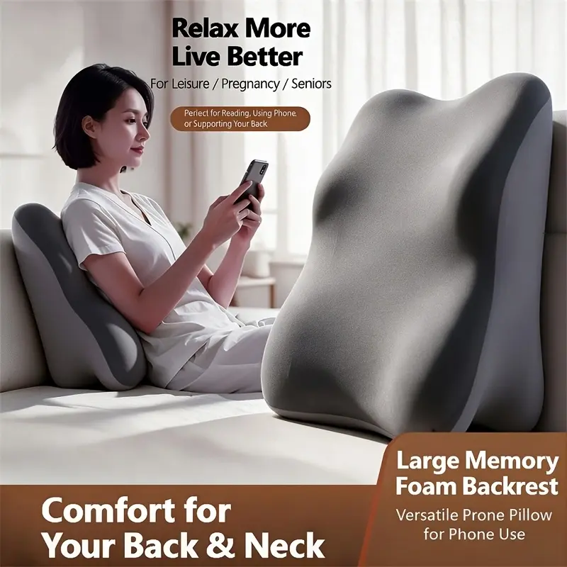 Large Bed Wedge Reading Pillow, Memory Foam Back Support, Soft C-Shaped Bedside Cushion, Multi Use for Reading & Gaming, Removable Washable Cover, Comfort Support for Back & Legs