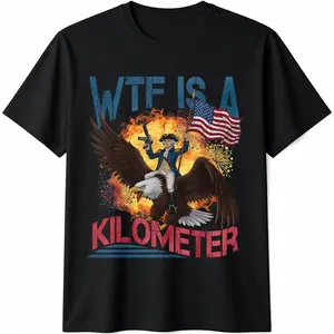 Men Cotton Graphic Tees WTF Is A Kilometer Funny 4th ofJuly Founding Father T-Shirt Crewneck Geometric