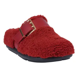 GC Shoes Women's Patsy Burgundy Flat Mule Slippers with Plush Textured Upper & Bold Buckle Accent for Casual Outings Footwear Girl Nail Soft
