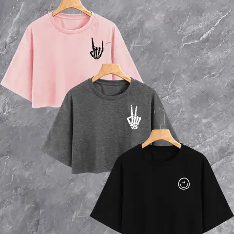 Women's Skeleton Hand & Smiley Face Print Round Neck Crop Tee, Fashion Casual Comfy Short Sleeve T-Shirt for Daily, Holiday & Outdoor Wear, Summer, Top, Streetwear, Fit, Casual T Shirts