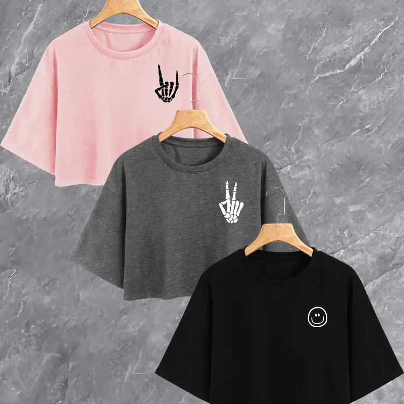 Women's Skeleton Hand & Smiley Face Print Round Neck Crop Tee, Fashion Casual Comfy Short Sleeve T-Shirt for Daily, Holiday & Outdoor Wear, Summer, Top, Streetwear, Fit, Casual T Shirts