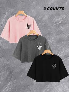 women's solid skeleton hand & smily face print round neck crop tee, fashion casual comfy breathable shortsleeve crewneck t-shirt for daily holiday vacation outdoor wear, ladies clothes for summer, womenswear, streetwear