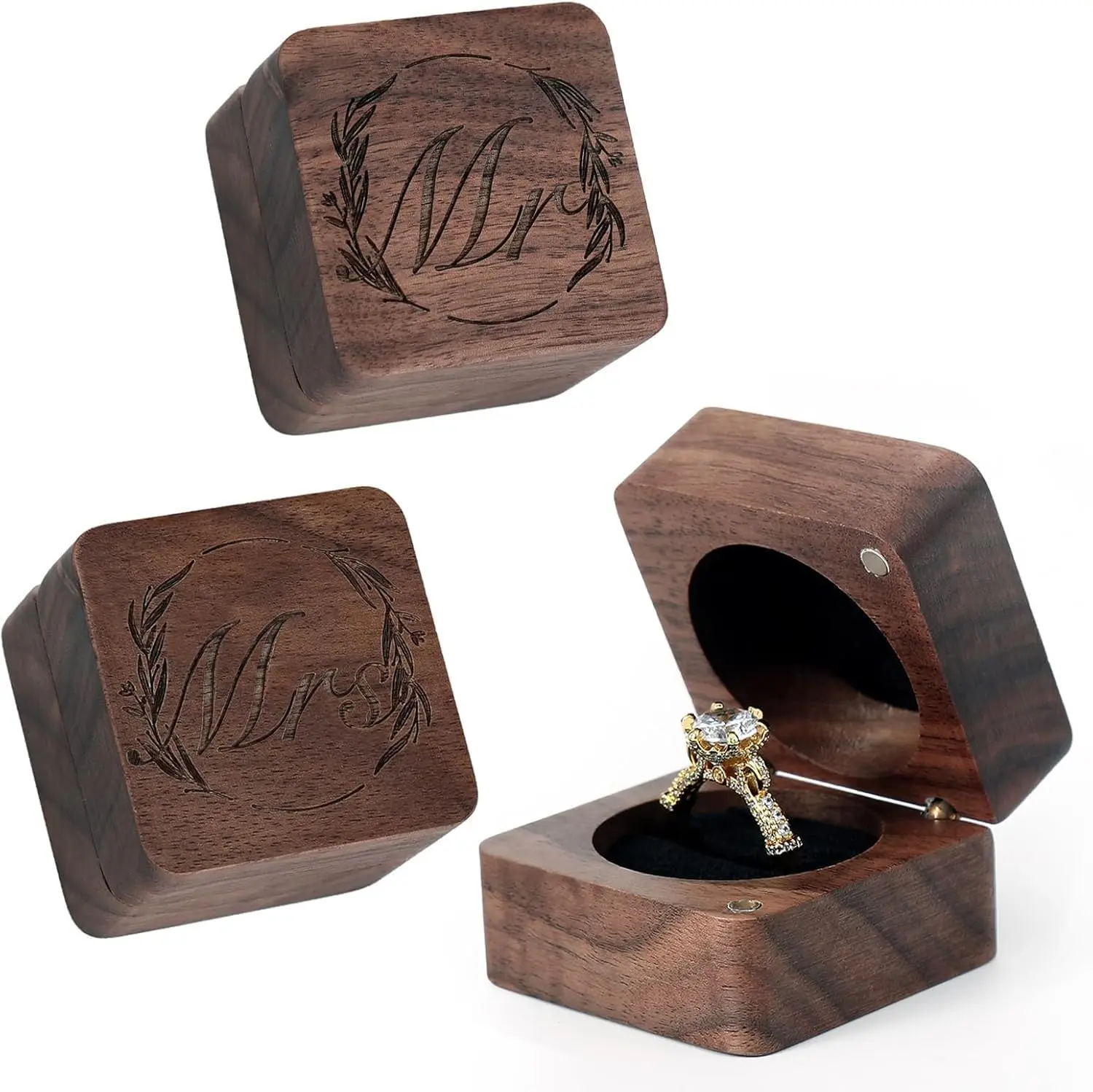 Ring Box, Wooden Ring box for Wedding Ceremony Ring Bearer Box, Engagement Ring Holder  for Anniversaries day, Birthday  (Mr. and Mrs - 2 count)