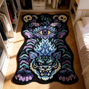 Vintage Creative Blue Flame Skull Tiger Print Rug, Foldable Plush Carpet for Living Room Bedroom Balcony, Easy Care Mat