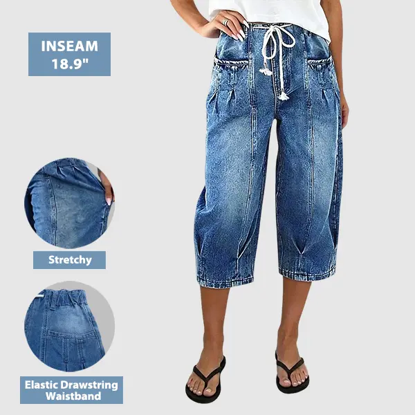 Flamingals Pleated Drawstring High Waist Barrel Leg Capri Jeans Womenswear Stretchy 18.9" Inseam