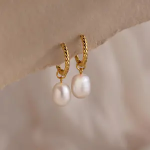Twisted Pearl Hoops by Caitlyn Minimalist - Spiral Huggie Earrings - Dangling Pearl Earrings - Wedding Jewelry - Gift for Her