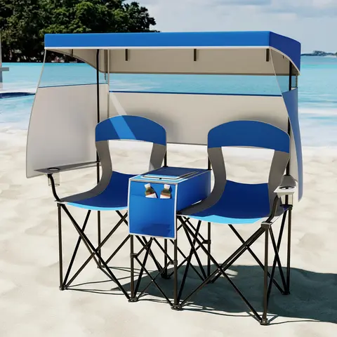 COSTWAY Double Beach Chair w/Adjustable Canopy, Oversized Folding Camping Chair w/Roll-up Shade, Cooler Bag, Cup Holders, Carrying Bag, 2-Person Portable Loveseat for Sports Fishing,4th of july decor, dad gift,