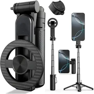 4-in-1 Multifunctional 360? Rotation  Selfie Stick, Mini Portable Extendable Phone Tripod with Remote and Metal Ring for  & Android, for Travel Vlog Live Streaming (Black)