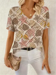 Spring and summer, v-neck diamond hollow out loose short sleeve blouse, bump color printing beach elements ladies knitting printing jacket with short sleeves, holiday wind, casual elegant commuter vest smock, bikini smock, Bohemia resort wind sea smock