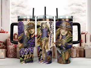 JJBA Steel Ball Run Gyro Zeppeli Anime Portable Stainless Vacuum Flask - 40oz Double Wall Insulated Reusable Stainless Steel Tumbler with Handle, Straw, Lid, Purple & Green Manga Art Travel Drinkware for Fans