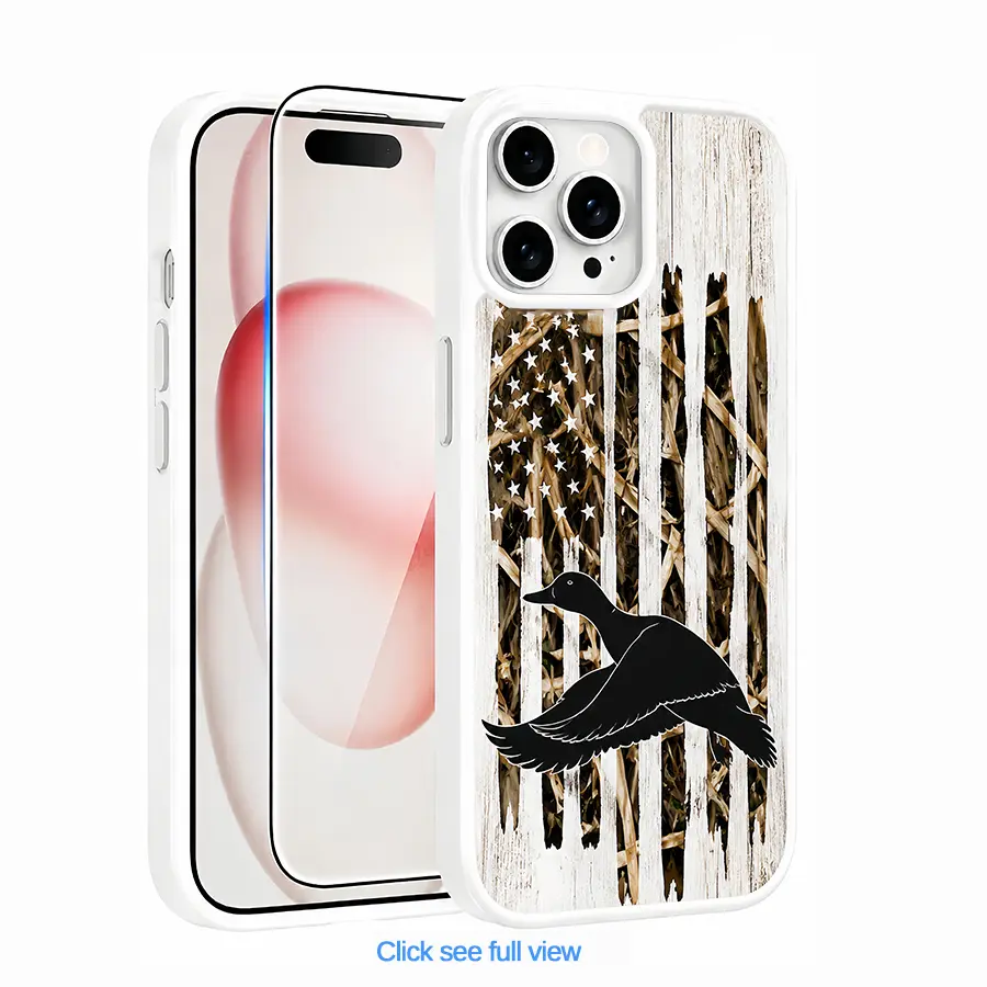 Magnetic US Flag Durable Tempered Plastic Smartphone Casing for iPhone 17 Pro Max,16,15,14,13,12,11 - Flying Duck Camo Pattern, Level 5 Drop Protection Acrylic Full Coverage, Wireless Charging Support, Gift for Dad | Mobile Phone Accessory