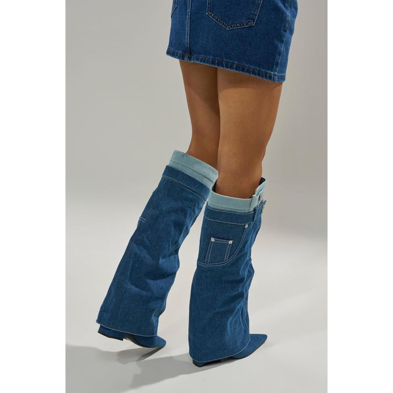 AZALEA WANG DOUBLE FLY DENIM CHUNKY BOOT