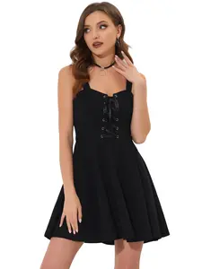 INSPIRE CHIC Women's Lace Up Sleeveless Swing Party Gothic Steampunk Dress Black