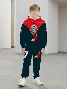 Hooded Sweatshirt Set, Comfortable Casual Wear, & Deep Block, Football Player Print, All Seasons