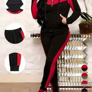 Women's Two-Piece Tracksuit - Black & Red Zip-Up Hoodie & Matching Pants Set for Casual Wear