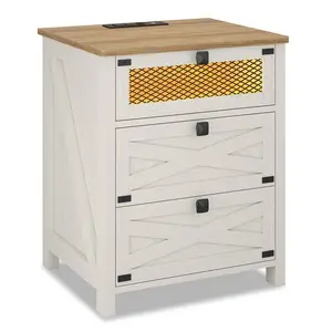 SIKAIC Farmhouse White Nightstand with Drawer - 3 Drawers, Charging Station, LED Lights, Large Storage Bedside Cabinet, Nightstands With Drawer