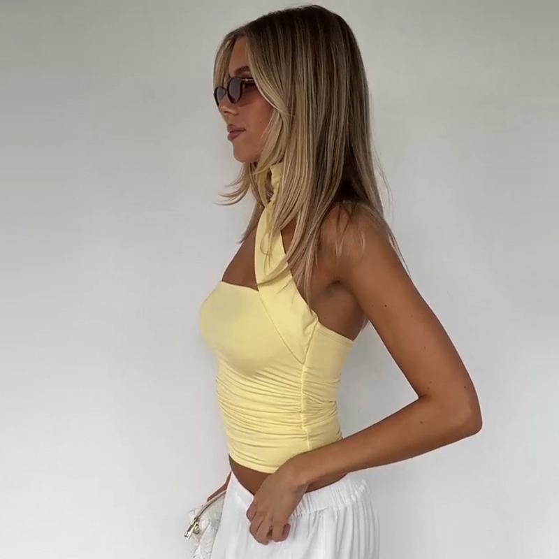 Adjustable Neck Tie Strapless Crop Top with Ruched Side Women's 2025 Fall New Slim Fit Solid Color Essential for Holiday Beach Party & Night Dating Outfits Ladies Casual Sleeveless Short Tank Vest