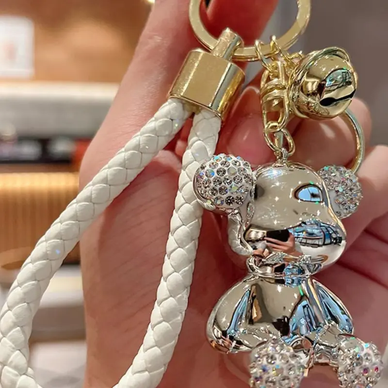 Silver Color Bear Keychain with Rhinestones, Casual Bag Charm, Keychain for Bags, Keychain For Purse, Car Key Ring, Keychain for car keys, Gift for Couples, Valentine's Day Surprise, Keyrings