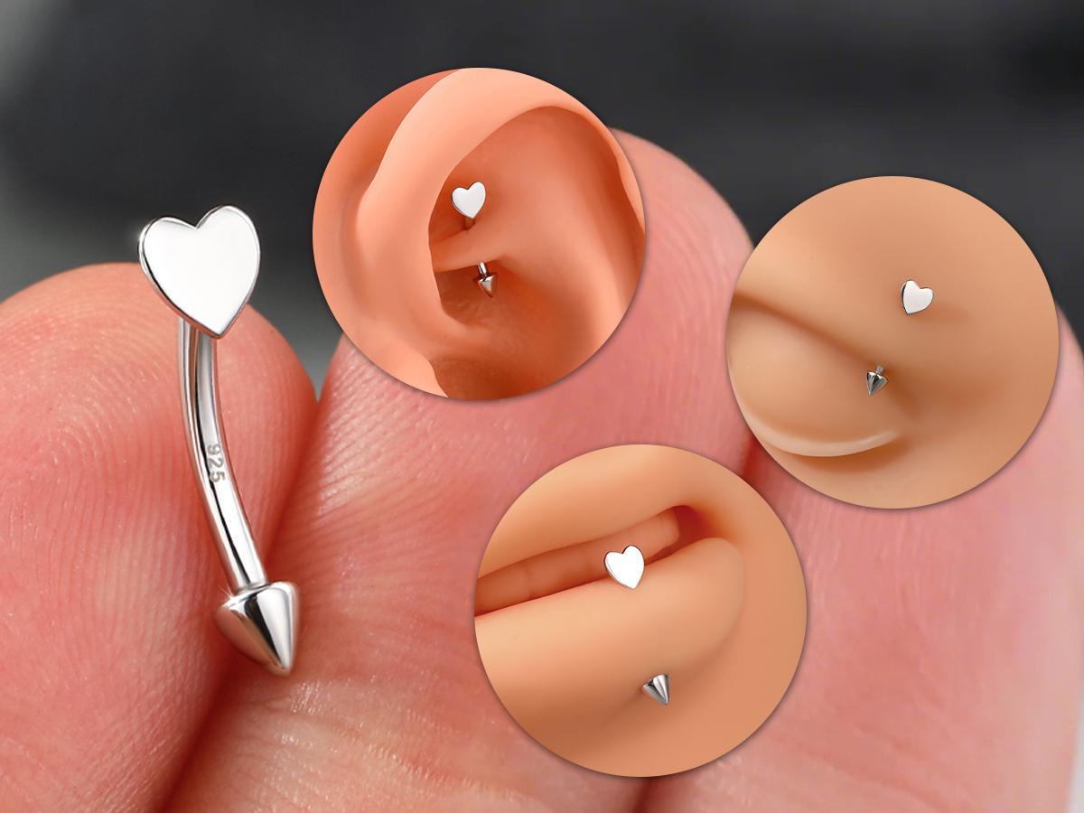 Oufer 16G S925 Flat Heart & Spike Eyebrow Rook Ring Vertical Labret Snake Bite Piercing Ring Bar Length 8mm Trendy Fine Jewelry Trendy Fine Jewelry Trendy Fine Jewelry