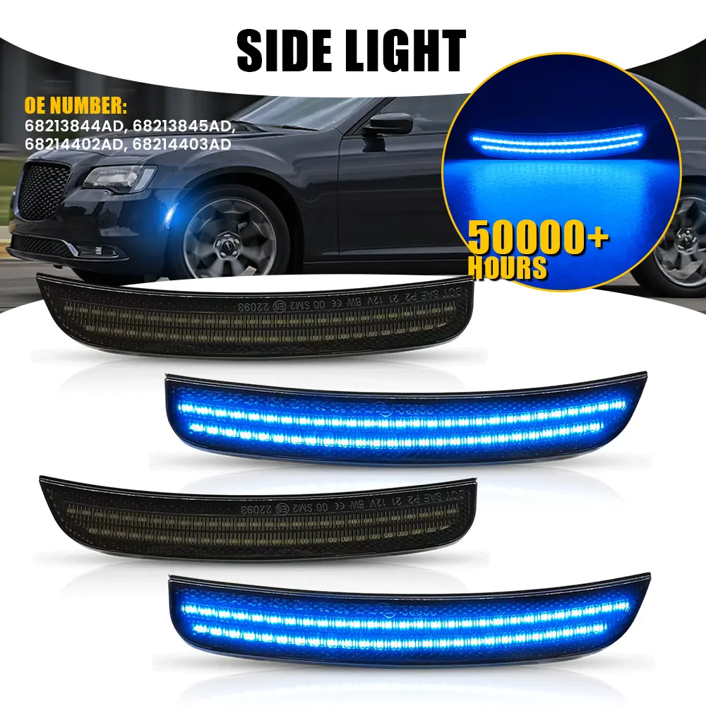 AUTOONE Blue LED Side Marker Lights, for 2015-2023 Chrysler 300 C S, 4pcs Replacement OE Part Numbers 68214402AD, 68214403AD, Automotive Decorative Side Lighting Assembly Component