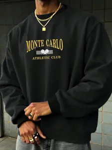 Men's Plain Classic Monte Carlo Athletic Club Print Sweatshirt, Street Fashion Casual Regular Fit Long Sleeve Pullover for Daily Wear, Men's Clothes for All Seasons, Hoodie, Menswear, Tops