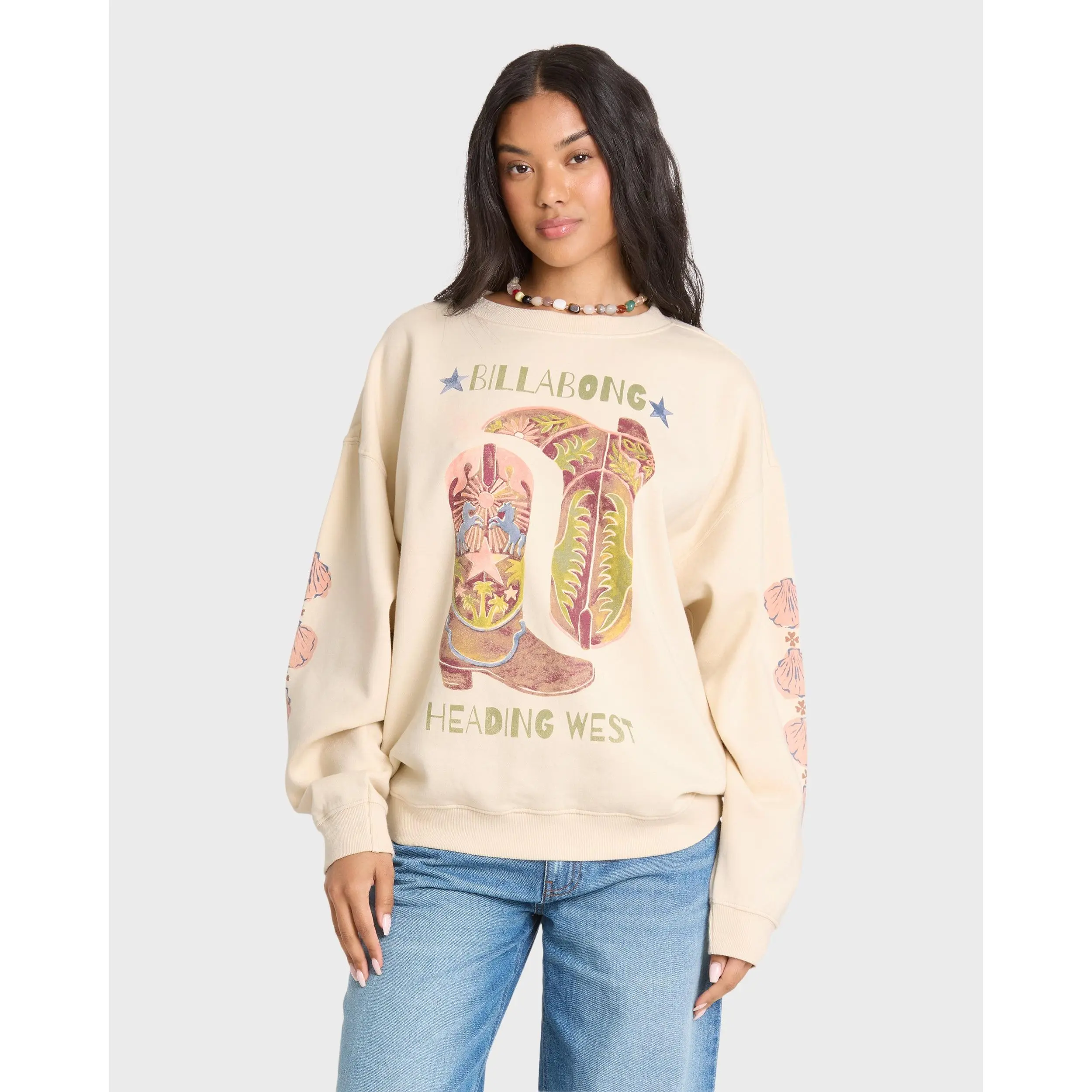 BILLABONG Women's Ride In Crewneck Sweatshirt, Oversized Graphic Print Cotton Blend Fleece Sweatshirt, aily Street Pullover Casual Everyday