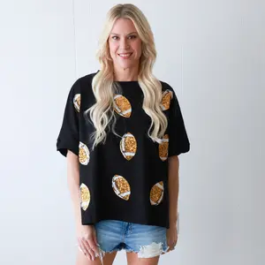 Game Day Sequin Football T-Shirt - Black Cotton Oversized Fit T-Shirt with Sequin Detail for Women's Wear