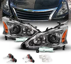 AmeriLite for 2013-2015 Altima Sedan Gun Metal Tint Replacement Halogen Projector Headlight Pair - Driver and Passenger Side