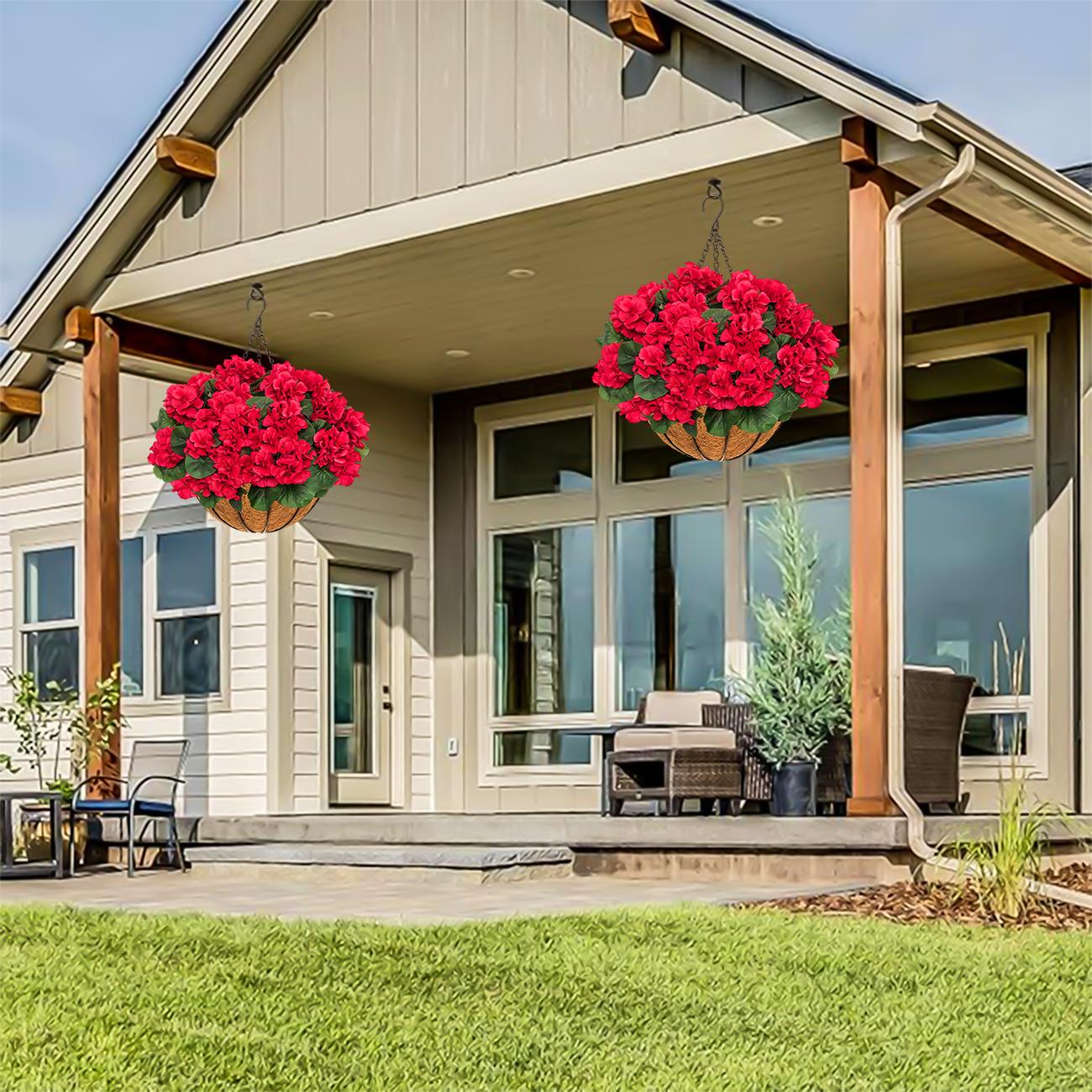 2pcs Artificial Geraniums with Hanging Baskets, 12 Bundles UV Resistant Artificial Outdoor Plants, Fake Red Flowers for Spring Front Porch Home Patio Balcony Yard Decor