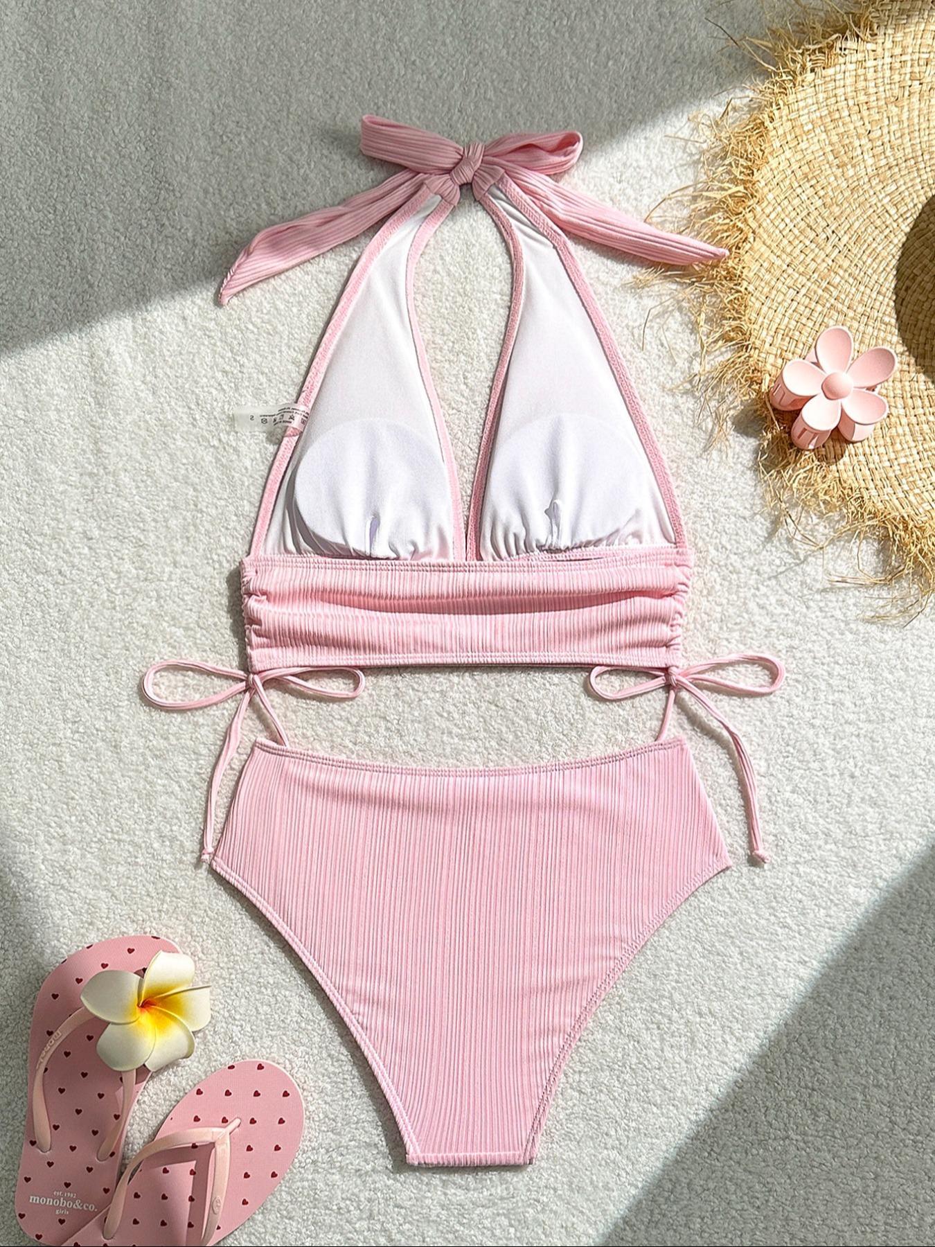 Two-Piece Set Women's Solid Color Bikini Set, Casual Fashion Chic Swimsuit Set, Ladies Swimwear for Beach Holiday Vacation